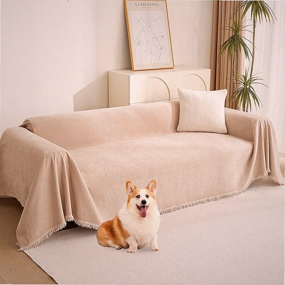 Khaki Chenille Sectional Sofa Cover for Dogs, Washable with Tassel Edge, 71"x134