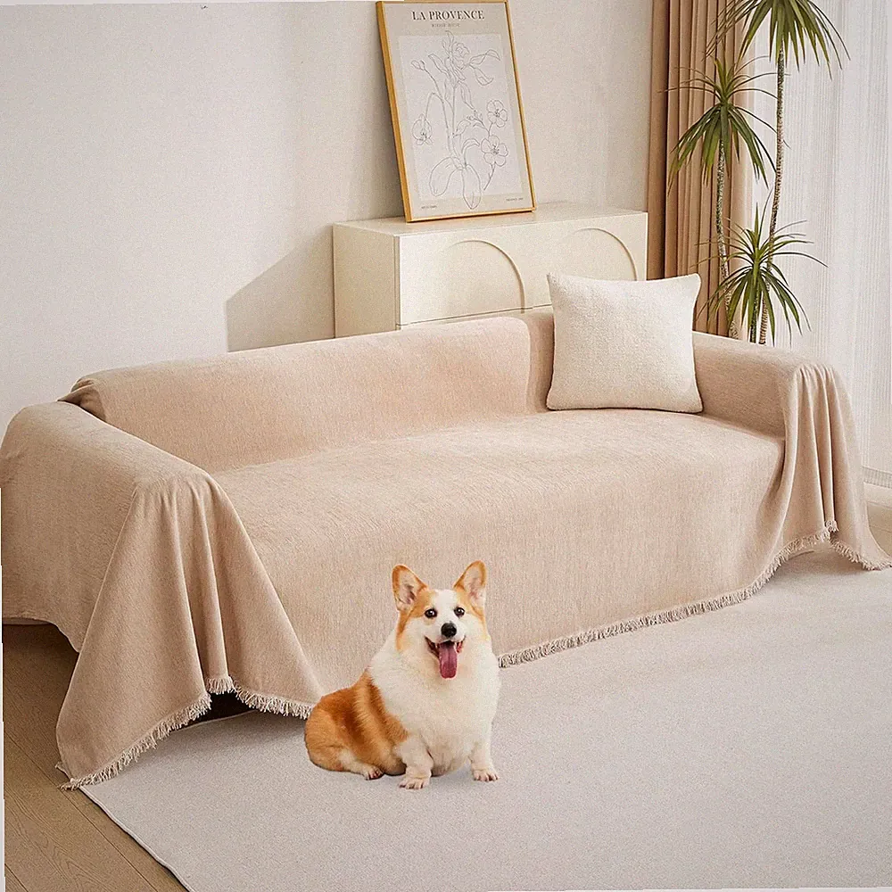 Khaki Chenille Sectional Sofa Cover for Dogs, Washable with Tassel Edge 91"x134