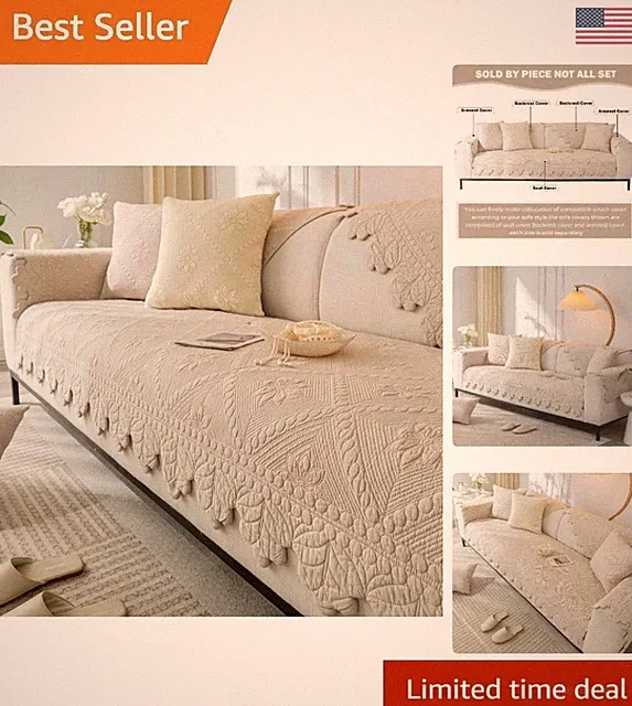 Khaki Floral Cotton Quilted Couch Cover, 43"x43" - Machine Washable Elegance