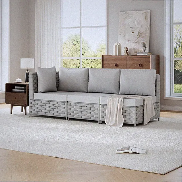 Khaki Gray Left Arm 3-Seat Modular Patio Sectional Sofa, All Weather Hand Woven