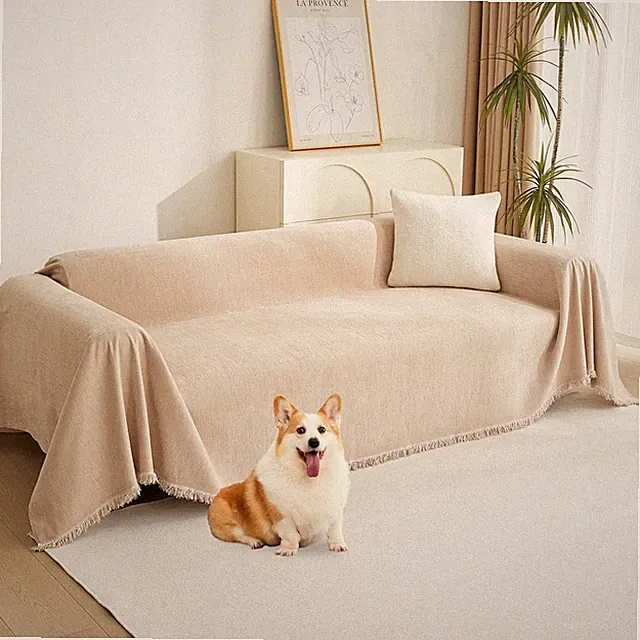 Khaki Sectional Sofa Covers Chenille Couch Cover for Dogs Solid Sofa Cover fo...