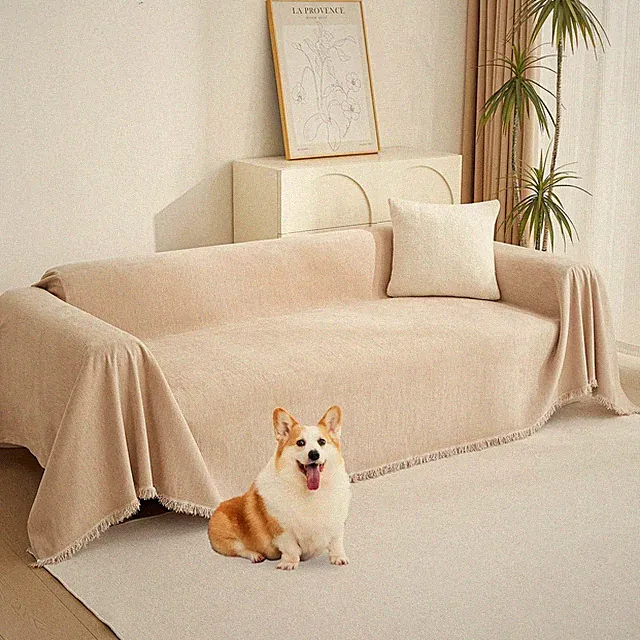 Khaki Sectional Sofa Covers Chenille Couch Cover for Dogs Solid Sofa Cover fo...