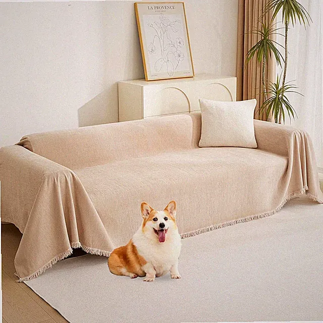 Khaki Sectional Sofa Covers Chenille Couch Cover for Dogs Solid Sofa Cover for 3