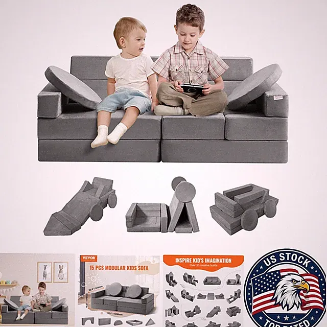 Kids 15-Piece Foam Sofa with Removable Cover - Versatile Grey Play Couch