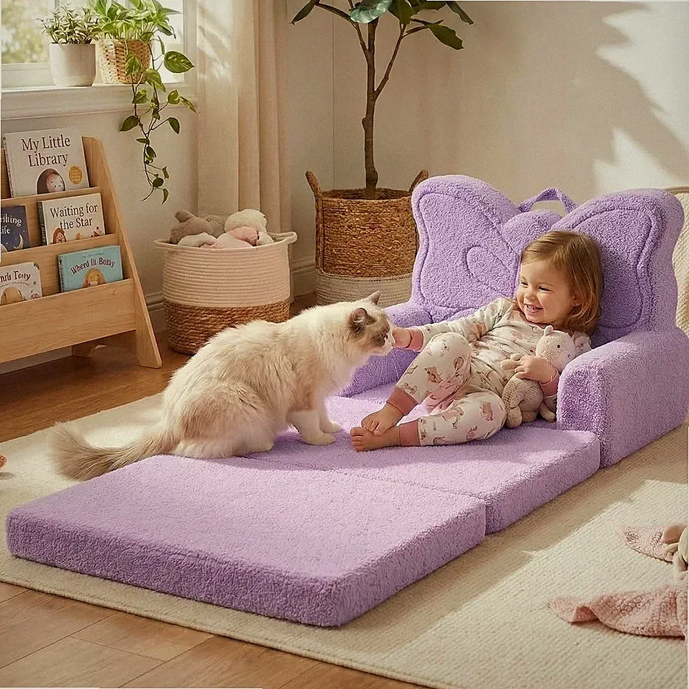 Kids Couch, 2-In-1 Fold Out Comfy Chair, Large, Purple Butterfly | Extended Loun