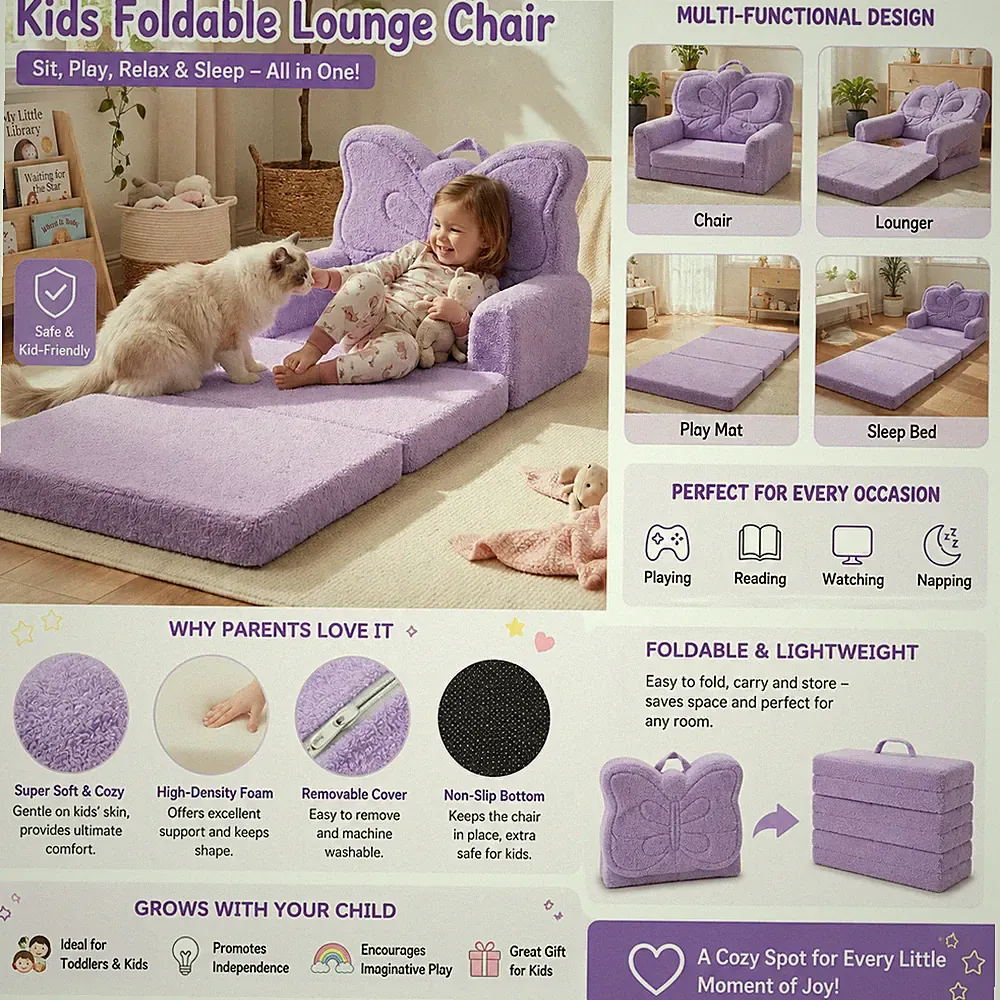 Kids Couch, 2-in-1 Fold Out Comfy Chair, Large, Purple Butterfly Extended Lounge