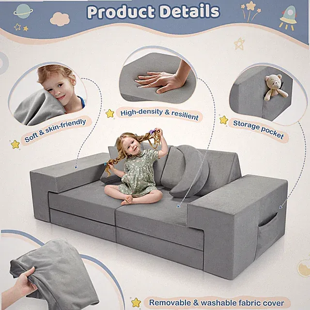 Kids Couch Sofa 9 Pcs Fold Couch Play Set Modular Foam Play Couch Washable Cover