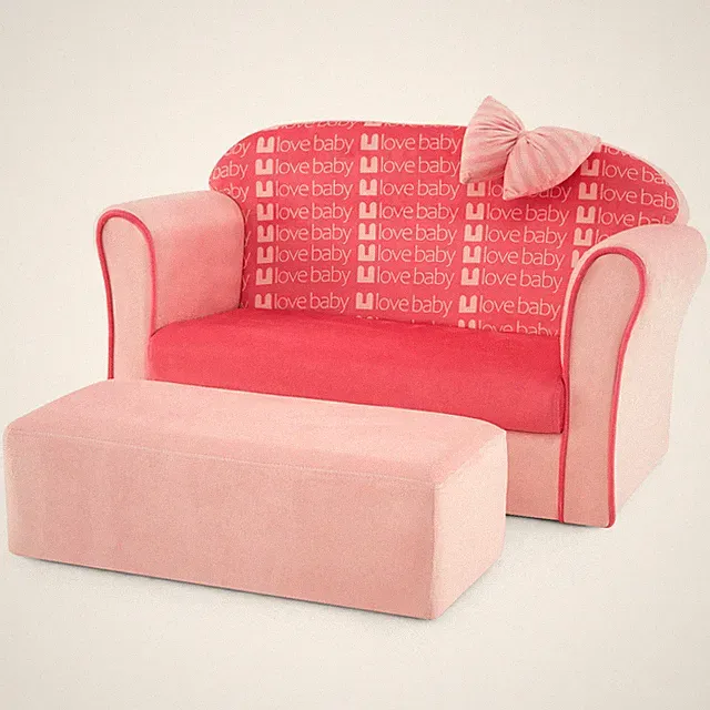 Kids Double Sofa Velvet Upholstered Sofa Couch w/Footstool & Armrests Pink