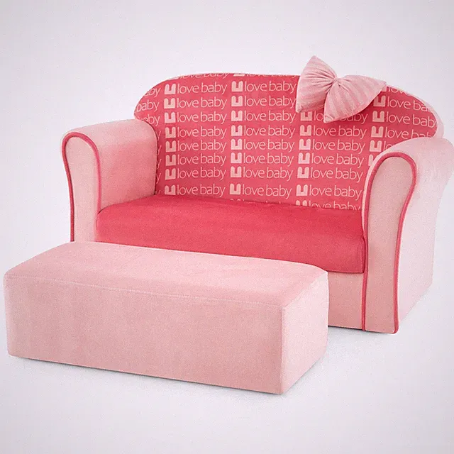 Kids Double Sofa Velvet Upholstered Sofa Couch w/Footstool & Armrests Pink