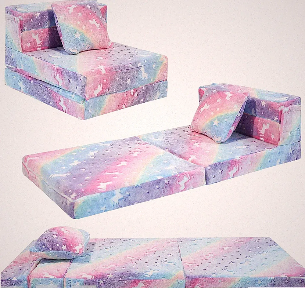 Kids Floor Mattress, 6in Glow Rainbow Unicorn Trifold Sofa Bed | Glow in the