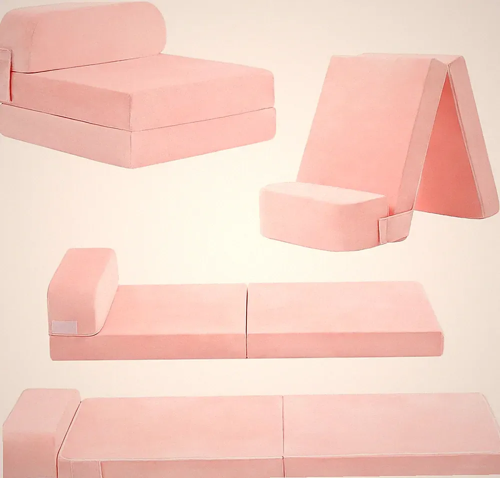 Kids Folding Sofa Bed with Removable Cover - Pink Toddler Couch & Futon Chair