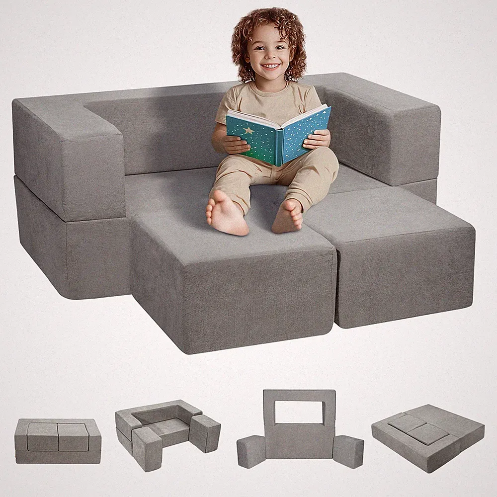 Kids Play Couch 4-Piece Set, Toddler Sofa Bed w/ Washable Removable Covers