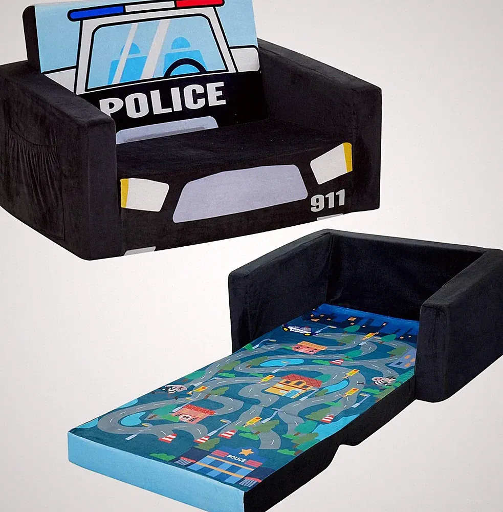 Kids Police Car Sofa Bed - Toddler Flipout Couch & Recliner (Black)