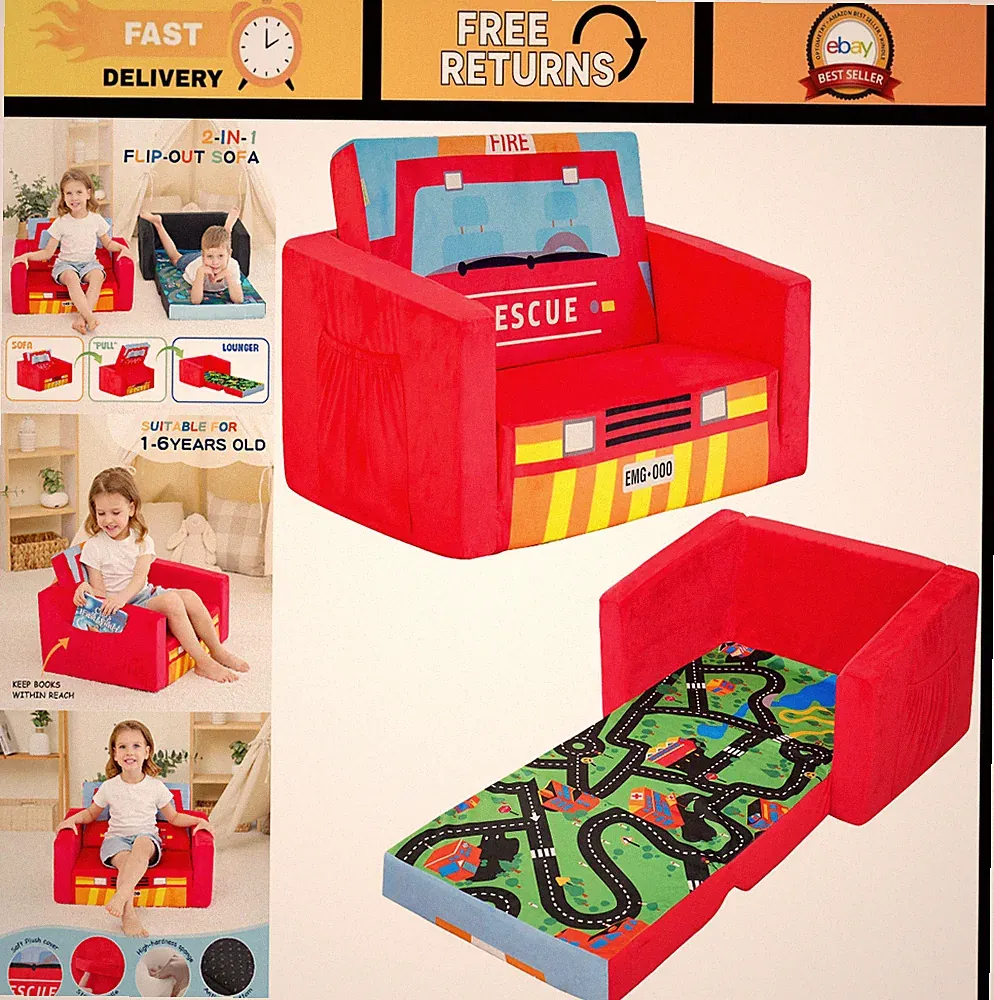 Kids Sofa Bed Upholstered Couch for Children - Flipout Recliner Chair (Red)