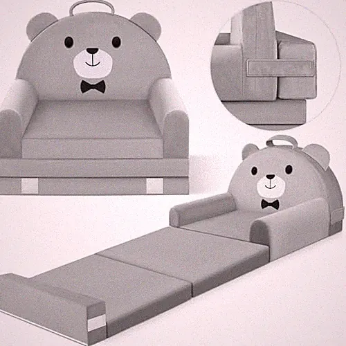 Kids Sofa Bed with Removable Washable Cover & Magic-Tape Backrest – Bear-grey