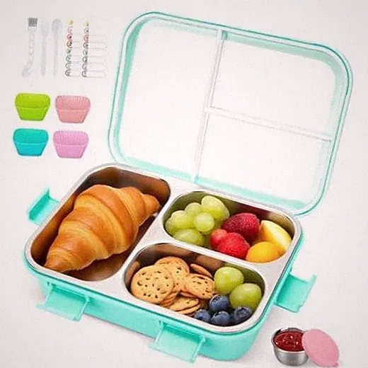 Kids Stainless Steel Bento Box, 3 Compartments Leakproof Lunch Box, Blue