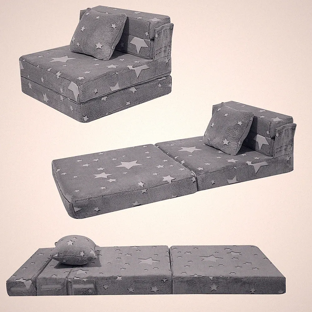 Kids Tri-Fold Sofa Bed – Glow Star Floor Mattress & Foldable Futon Chair Conv...