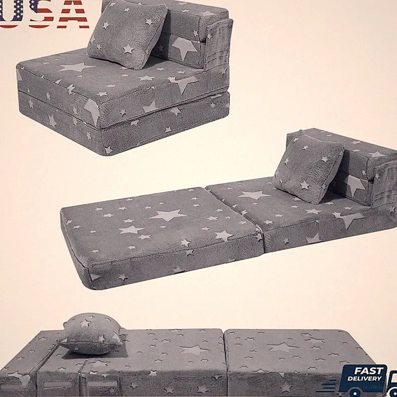 Kids Tri-Fold Sofa Bed Glow Stars Foldable Futon Mattress Toddler Lounge Chair