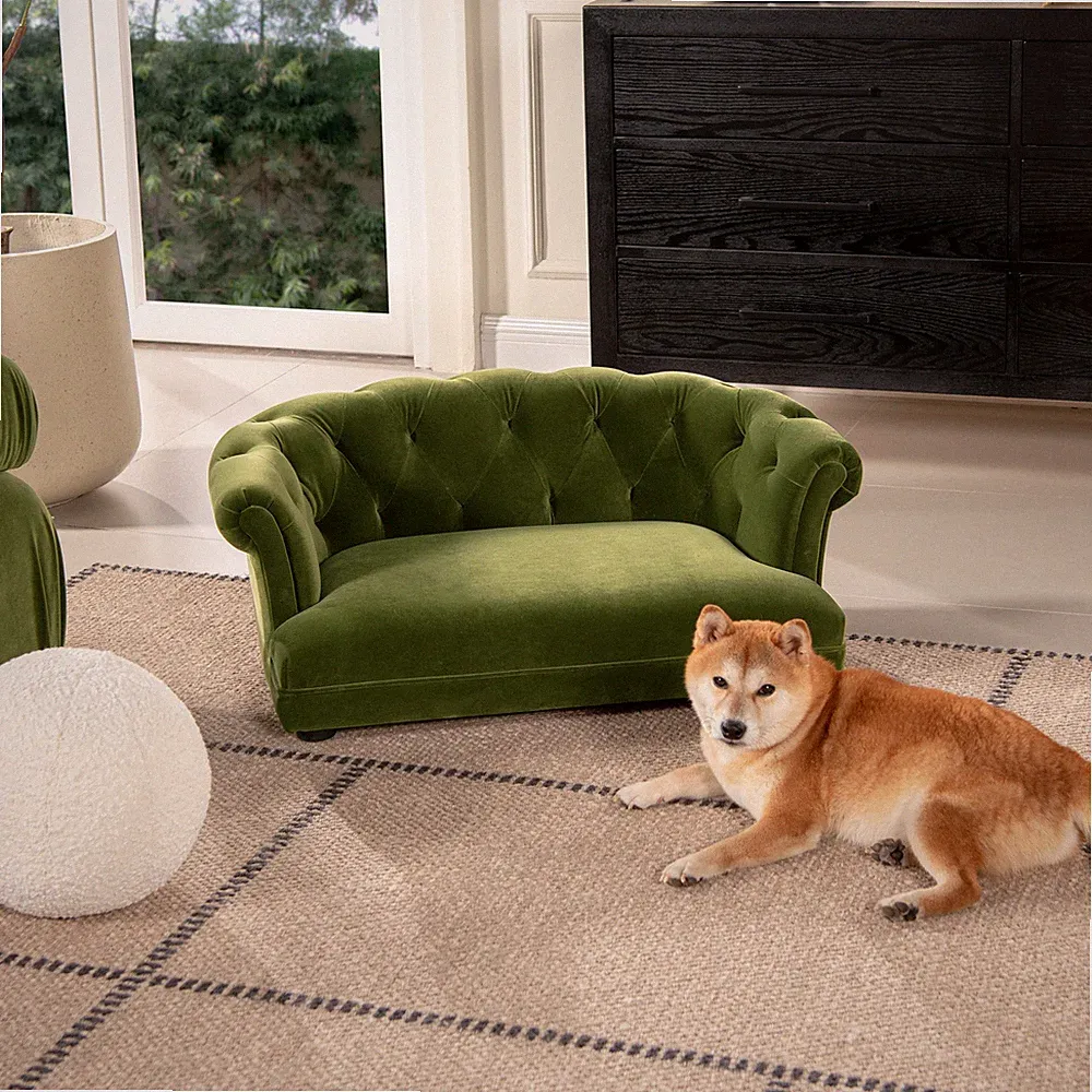Kiki 36.5" Chesterfield Dog Sofa Bed, Medium, Olive Green Performance Velvet