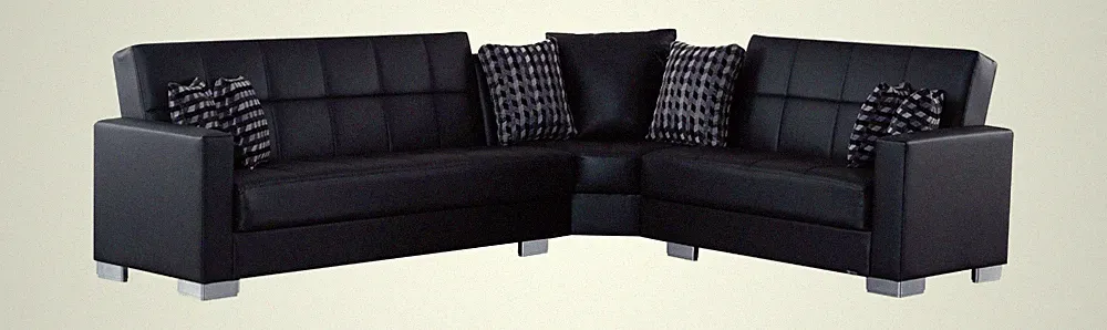 kilim Black Faux Leather L-Shaped Sectional Sofa Pad Arms Tufted Back 6
