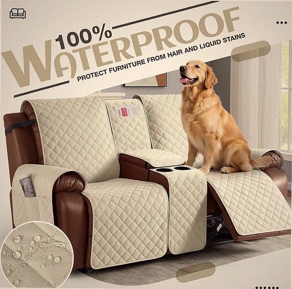 KinCam 100% Waterproof Recliner Loveseat Cover w/ Console Non-Slip 2-Seat Cover