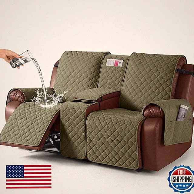 KinCam 100% Waterproof Recliner Loveseat Cover w/ Console Non-Slip Gray Green