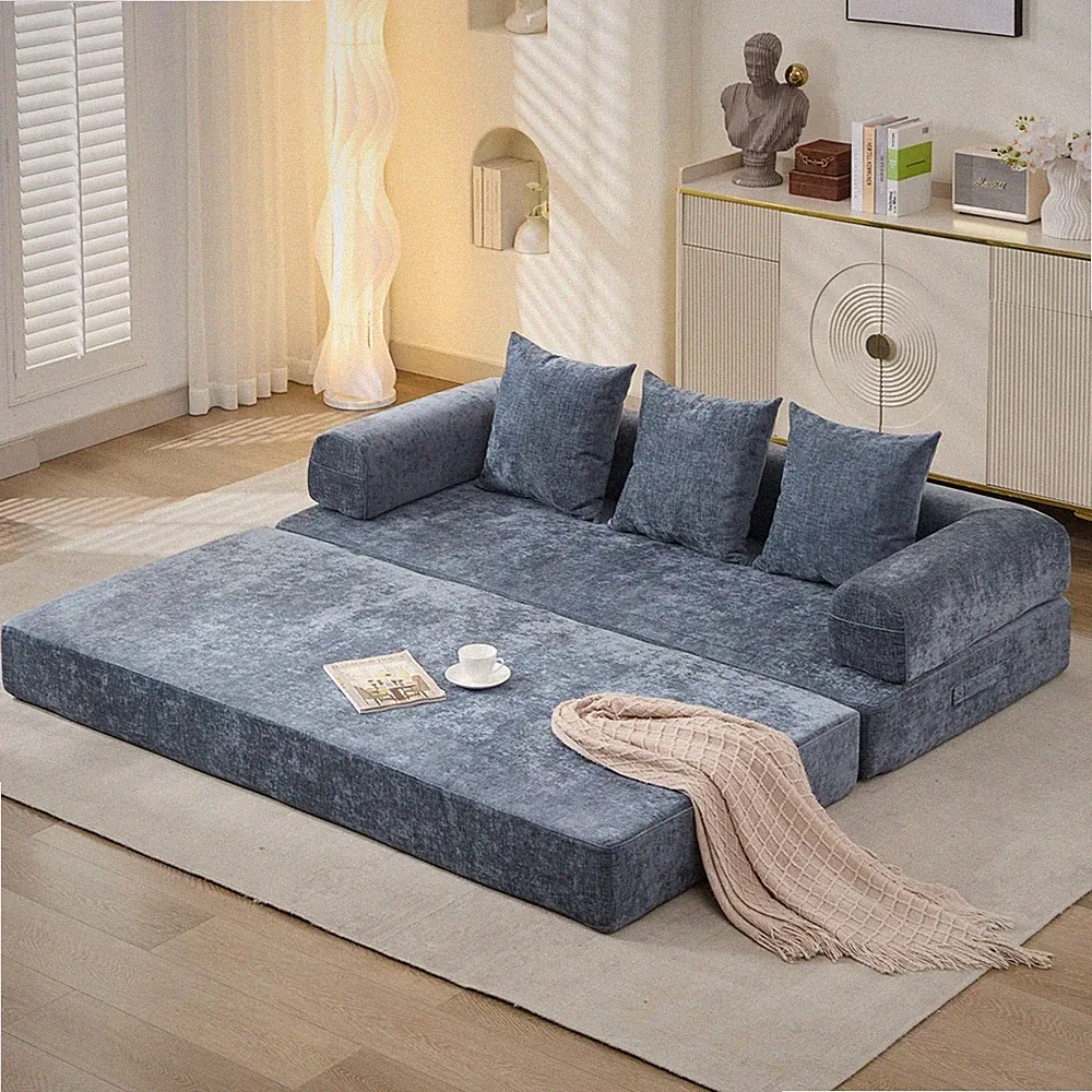 King Chenille Futon Sofa Bed Blue Foldable Convertible Couch Sleeper Living Room