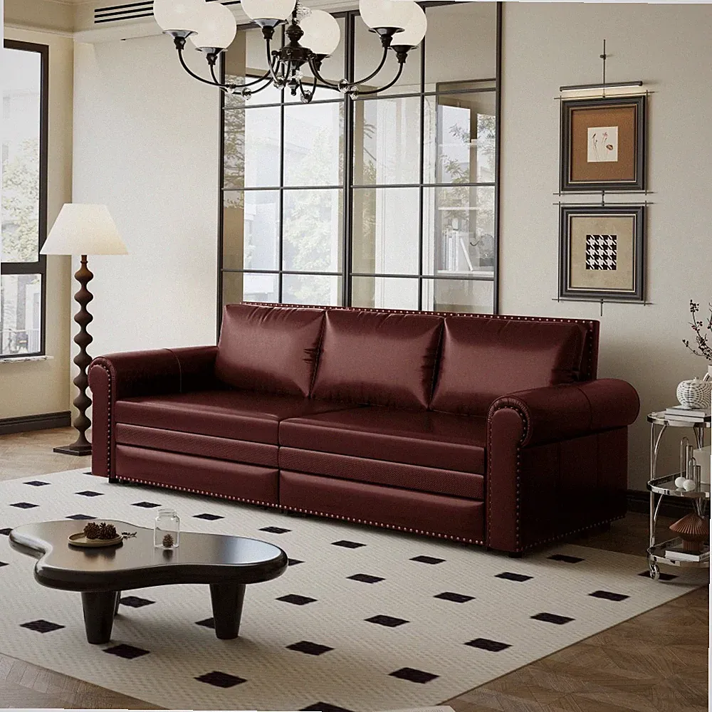 King Convertible Sleeper Sofa Bed, 3-in-1 Faux Leather w/ Chaise, 93.7"L