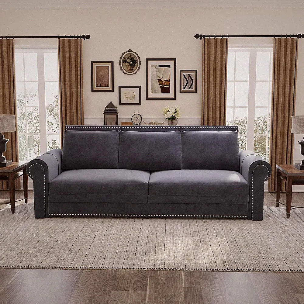 King Size 3-in-1 Velvet Pull Out Sofa Bed with Nailhead Decor and Rolled Arms