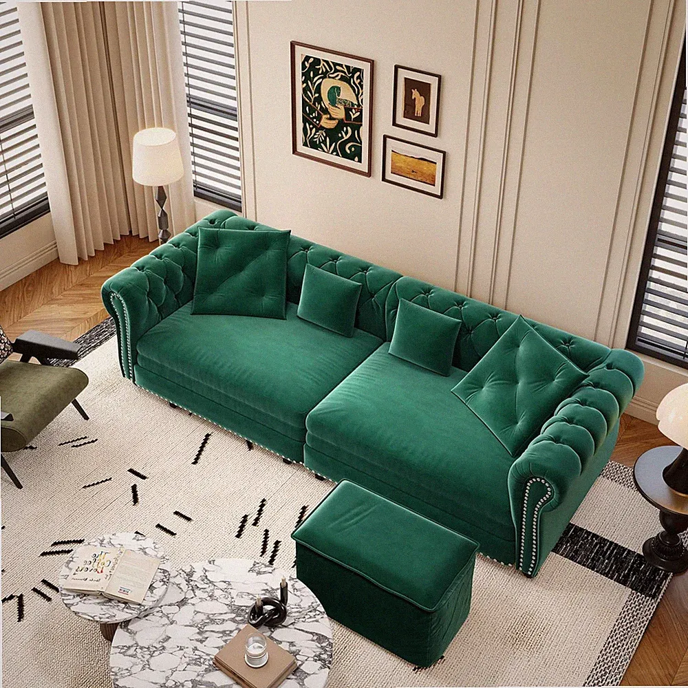 King Size Convertible Chesterfield Sofa Bed, 89" Velvet Couch with Ottoman, Tuft