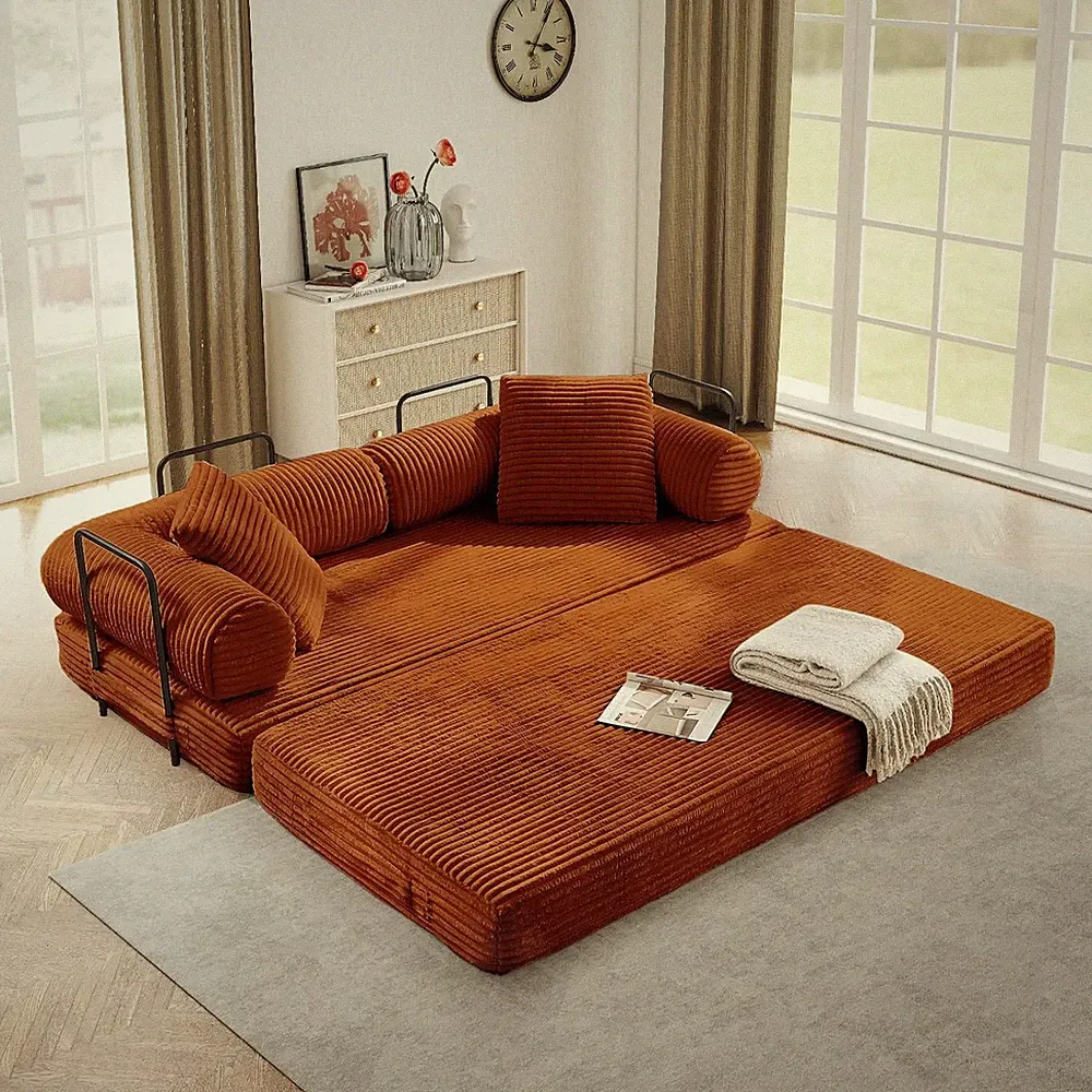 King Size Convertible Orange Plush Corduroy Sofa Bed - Stylish & Cozy!