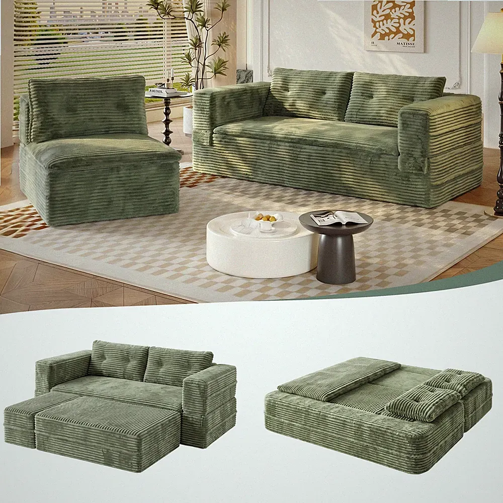 King Size Sleeper Sofa Bed 80" Plush Corduroy Green Convertible