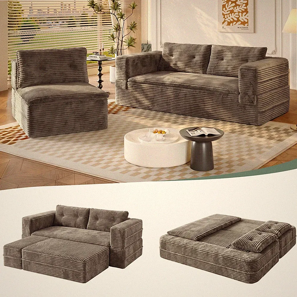 King Size Sleeper Sofa Bed 80" Plush Corduroy With Chaise & Blanket