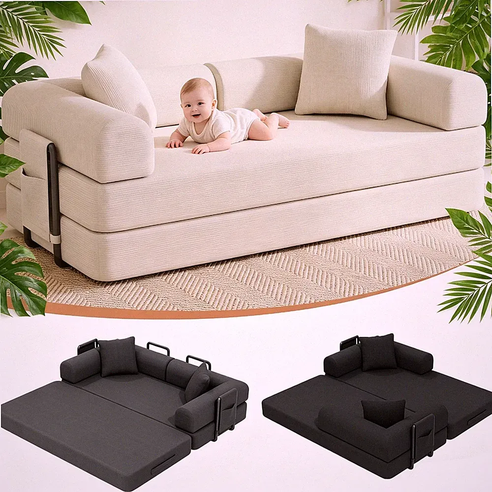 King Sofa Bed Couch Sleeper Convertible Pull-Out Bed With Side Pockets Washable