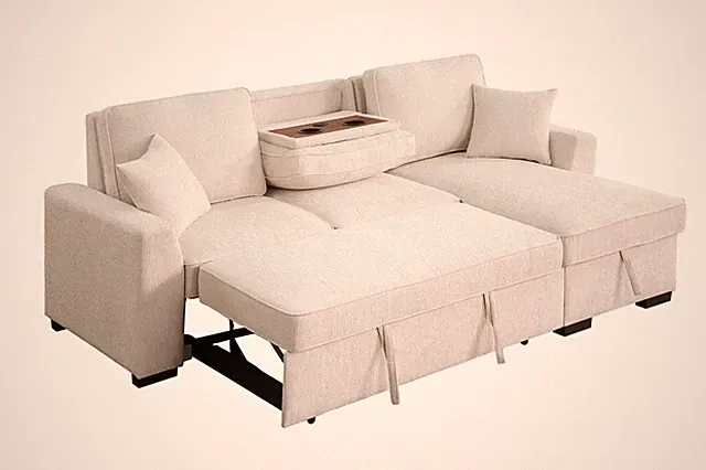 Kingway Chenille Reversible Sleeper sectional with Cupholders and USB In Beige