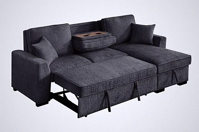 Kingway Reversible Sleeper Sofa & Chaise with Cupholders and USB In Dark Gray