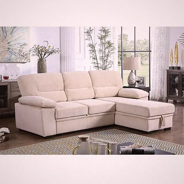 Kipling Beige Velvet Fabric Reversible Sleeper Sectional Sofa Chaise