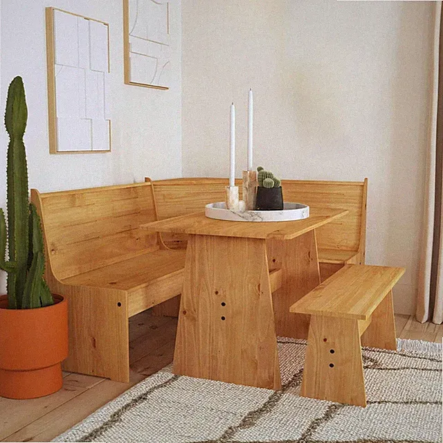 Kitchen Nook Breakfast Set Dining Table w/Corner & Bench Natural Pine Wood