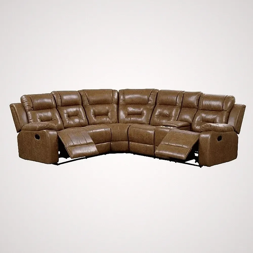 Kius Manual Recliner Sectional Sofa- Console- Tufted Brown Faux Leather
