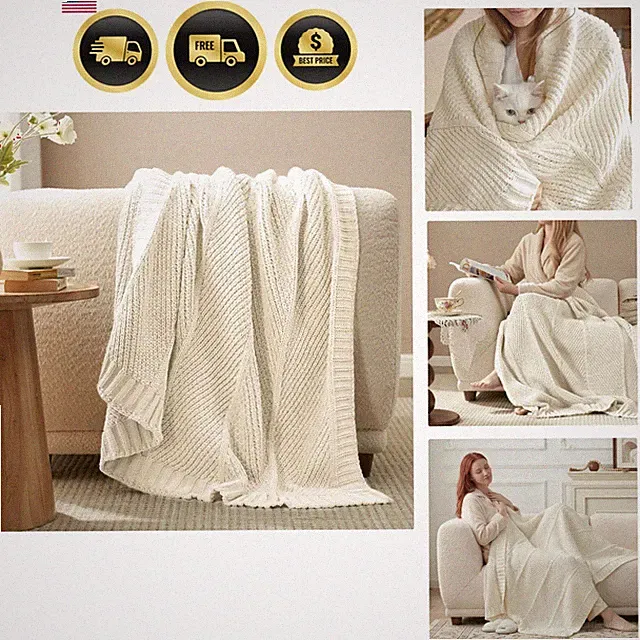 Knit Throw Blanket, Soft Chenille Cozy Breathable Chevron Chunky Decorative B...