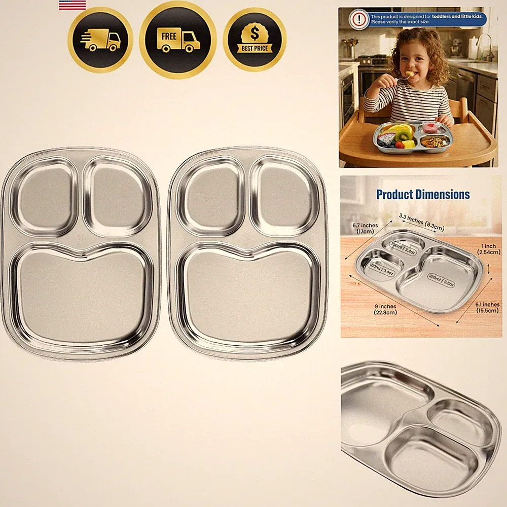 Korean Stainless Steel Divided Plates for Toddlers, Kids, Babies, 304, Elect...