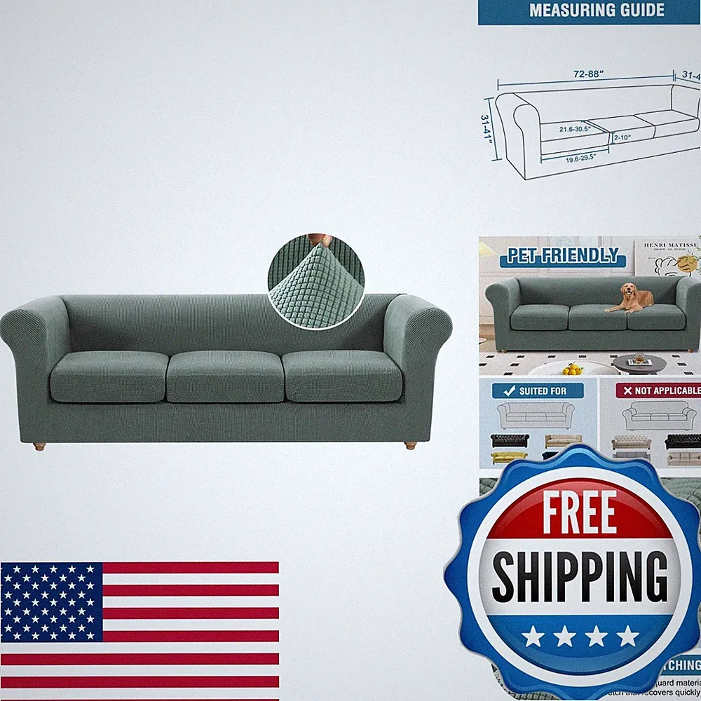 KPPKOU Chesterfield Sofa Cover 3 Seat High Arm Couch - Green 4 Piece