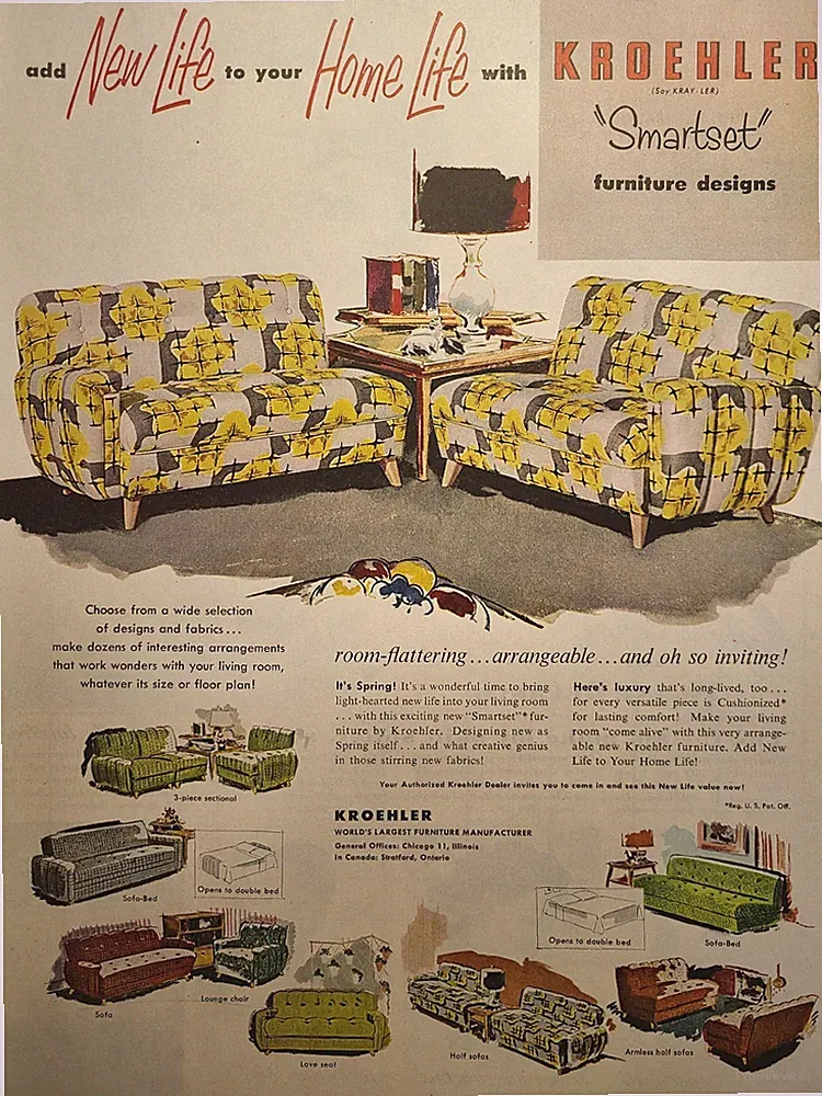 Kroehler Sofas Love Seats Lounge Chairs Sectionals MCM Vintage Print Ad 1952