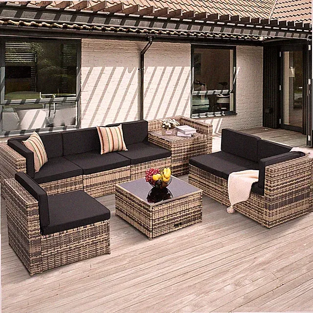 KROFEM 8-Piece Patio Furniture Set, Outdoor Wicker Rattan Sectional with Thick C