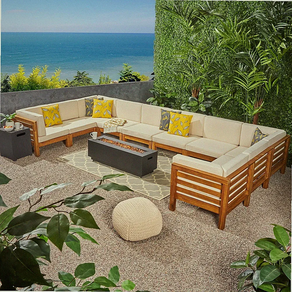 Krystin Outdoor 12 Piece U-Shaped Sectional Sofa Set with Fire Pit