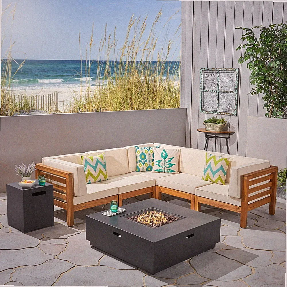 Krystin Outdoor 7 Piece V-Shaped Acacia Wood Sectional Sofa Set with Fire Pit an
