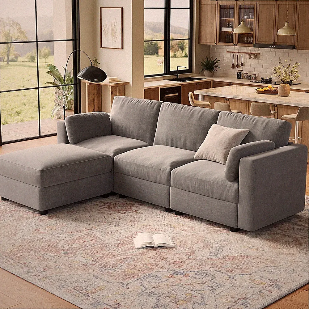 L-Shape 104" Modular Sectional Sofa with Ottoman, Grey Chenille, 4 Seater
