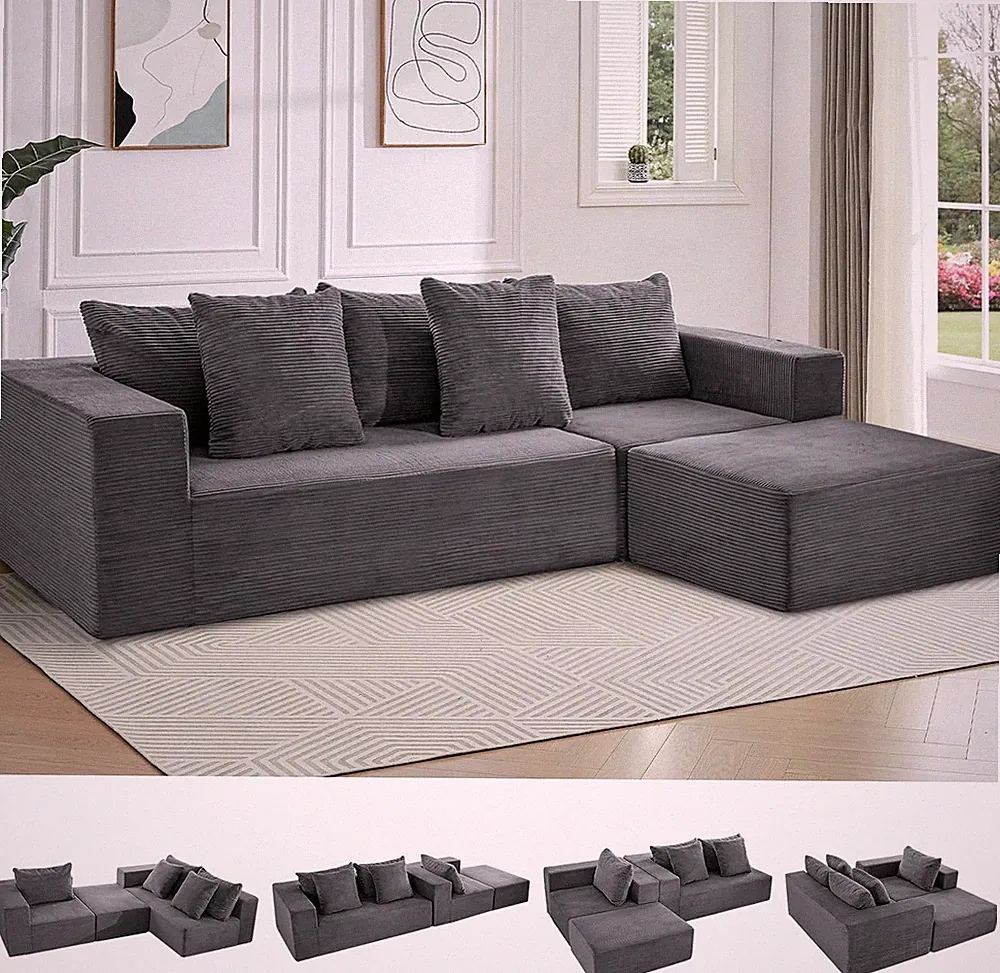 L-Shape 108" Cloud Sectional Sofa with Movable Ottoman, Dark Gray, No Assembly
