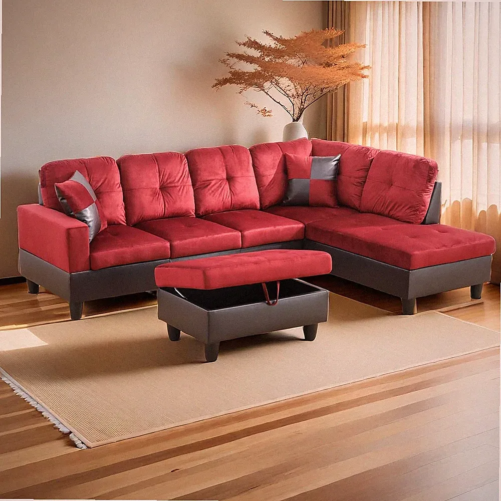 L-Shape 3-Piece Microfiber Sofa Set with Chaise - Right Facing, Red
