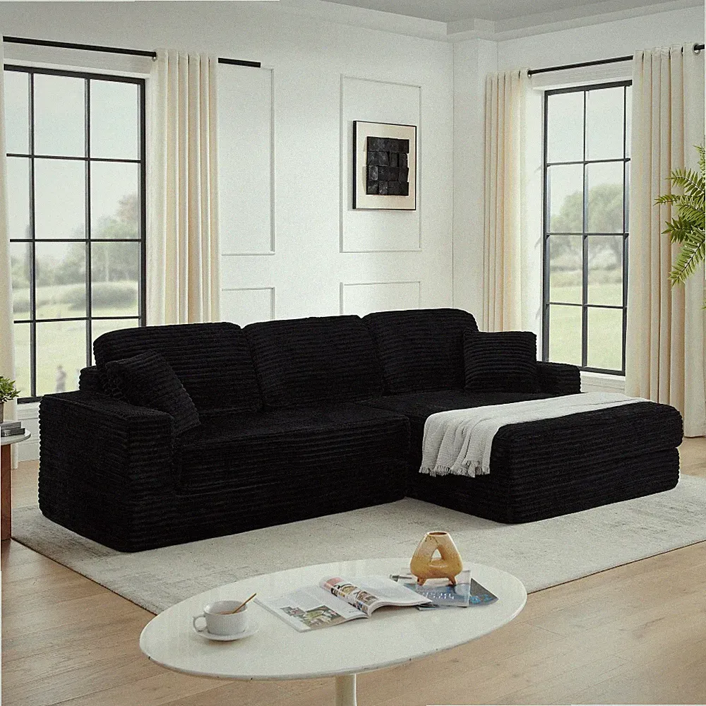 L-Shape 5-Seat Sectional Sofa Bed, Reversible Chaise, Corduroy Fabric, Black